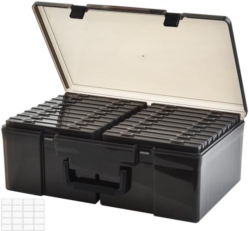 ALINK Photo Storage Box 5" x 7" with Handle, 18 pcs Photo Container Organizer and Craft Keeper, Portable Picture Case with Label for Arts, Crafts, Sewing, Stickers, Office, Seeds - Black by ALINK