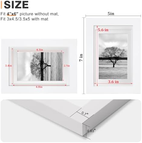 Egofine 4x6 Picture Frames Set of 4, Made of Solid Wood Covered by Plexiglass 3x4.5 and 3.5x5 with Mat or 4x6 without Mat, for Table Top Display and Wall Mounting Photo Frame White - Image 3