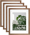 Egofine 12x16 Picture Frames Set of 4, Made of Solid Wood Covered by Plexiglass 9x12 and 11x14 with Mat or 12x16 without Mat, for Wall Mounting Photo Frame,Walnut Brown by Egofine