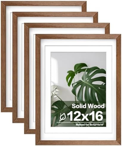 Egofine 12x16 Picture Frames Set of 4, Made of Solid Wood Covered by Plexiglass 9x12 and 11x14 with Mat or 12x16 without Mat, for Wall Mounting Photo Frame,Walnut Brown by Egofine