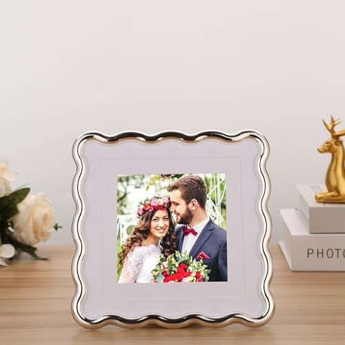 Silver 6x6'' Wave Design Picture Frame with Acid Free Double Mat for 4x4''& 5x5'',High-End Zinc Alloy Photo Frames with Velvet Back,Fashionable Style Silver frames 4x4'' for Tabletop or Wall Décor - Image 4