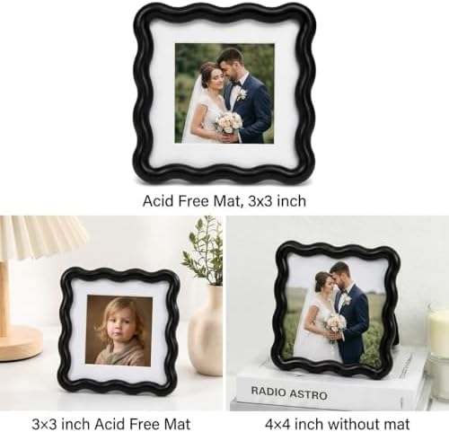 High-End Black 4x4'' Square Zinc Alloy Picture Frames,with Acid Free Mat for 3x3'',Unique Wave Design,with Premuim Soft Velvet & Backing for Tabletop or Home Decor - Image 4