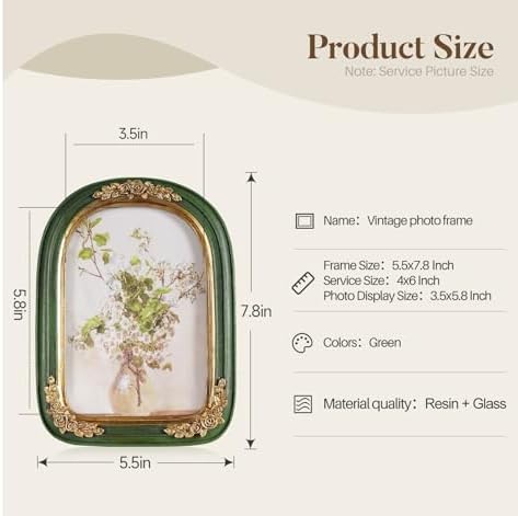 Cuspin Vintage 4x6 Picture Frame Green Gold Arched Resin Frame with Floral - Image 6