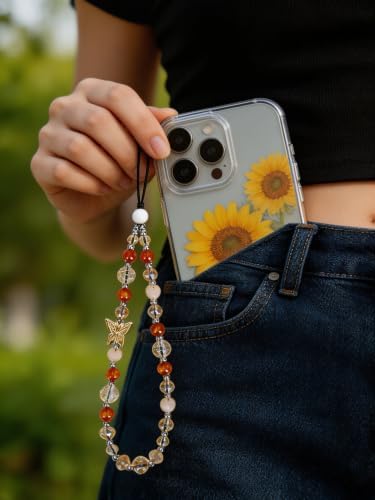 Cell Phone Charm Beaded Phone Wrist Strap Warm Tone Crystal Aesthetic Handmade Anti-Lost Chain Bracelet for iPhone Samsung All Smartphones Bag Boho Fall Wristlet Women Vintage Amber Gold Butterfly - Image 2