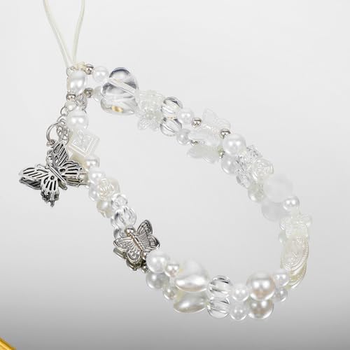 Camera Charm Strap Beaded Wrist Strap Butterfly Cellphone Lanyard Y2K Phone Charms Cute Pearl Digital Camera Charm Lanyard Aesthetic Phone Wrist Straps for Women Girls - Image 2