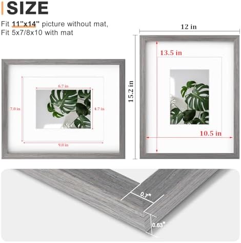Egofine 11x14 Picture Frames Set of 4, Made of Solid Wood Covered by Plexiglass 5x7 and 8x10 with Mat or 11x14 without Mat, for Table Top Display and Wall Mounting Photo Frame Light Grey - Image 3