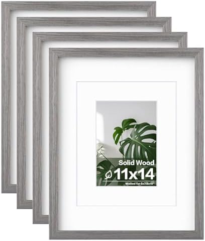 Egofine 11x14 Picture Frames Set of 4, Made of Solid Wood Covered by Plexiglass 5x7 and 8x10 with Mat or 11x14 without Mat, for Table Top Display and Wall Mounting Photo Frame Light Grey by Egofine