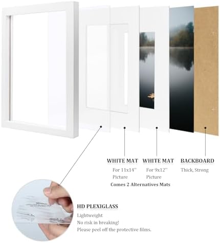 Egofine 12x16 Picture Frames Set of 4, Made of Solid Wood Covered by Plexiglass 9x12 and 11x14 with Mat or 12x16 without Mat, for Wall Mounting Photo Frame White - Image 4