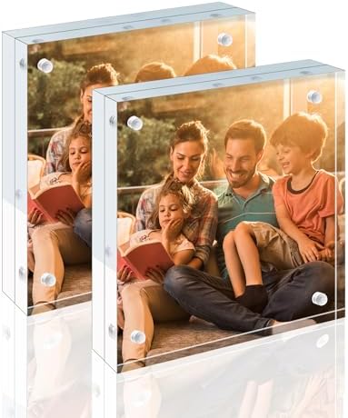 Egofine 5x5 Acrylic Frames 2 Pack, 20mm Thicker Frameless Clear Picture Frames, Double Sided Magnetic Picture Frames, Free Standing Desktop Display by Egofine