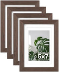 Egofine 5x7 Picture Frames Set of 4, Made of Solid Wood Covered by Plexiglass 3.5x5 and 4x6 with Mat or 5x7 without Mat, for Table Top Display and Wall Mounting Photo Frame Brown by Egofine