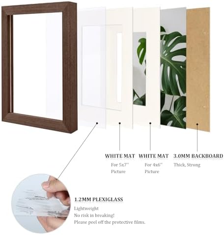 Egofine 6x8 Picture Frames Set of 4, Made of Solid Wood Covered by Plexiglass 4x6 and 5x7 with Mat or 6x8 without Mat, for Table Top Display and Wall Mounting Photo Frame Brown - Image 4