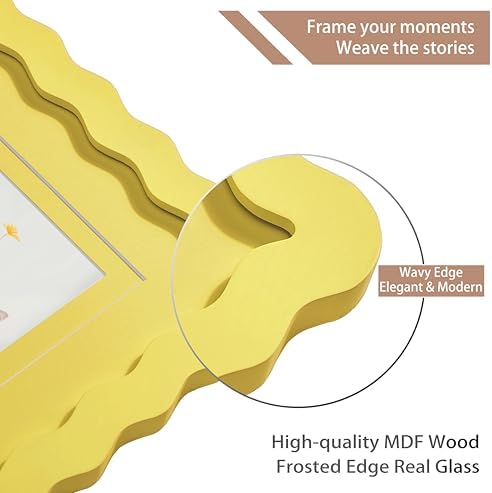 5x7 Yellow Picture Frame with Mat for 4x6, Curved Wavy Edge Deco Wooden Real Glass, Vertical or Horizontal Display Photo Gallery Wall & Tabletop Frame - Image 4