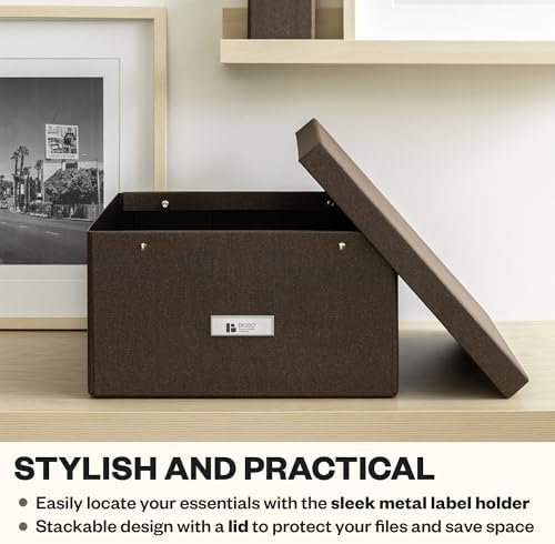 Bigso Katrin Collapsible Storage Box with Lid - Decorative Photo Storage Box with Label Holder for Easy Identification - Simple Assembly without Tools - W13.5 x D17.6 x H7.2 (inches) - Dark Brown - Image 5