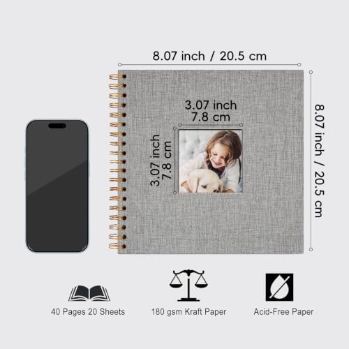 8 x 8 Inch Scrapbook Photo Album, Hardcover Kraft White Pages Arch Window Photo, Memory Book Linen Cover for Photos, Scrapbook Albums for Travel, Wedding Anniversary Christmas Baby 40 Pages, Grey - Image 3