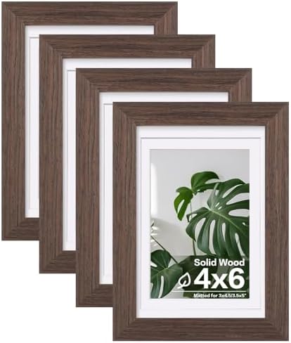 Egofine 4x6 Picture Frames Set of 4, Made of Solid Wood Covered by Plexiglass 3x4.5 and 3.5x5 with Mat or 4x6 without Mat, for Table Top Display and Wall Mounting Photo Frame Brown by Egofine