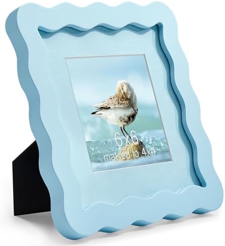 6x6 Blue Picture Frame with Mat for 4x4, Curved Wavy Edge Deco Wooden Real Glass, Vertical or Horizontal Display Photo Gallery Wall & Tabletop Frame by Gdfmsc