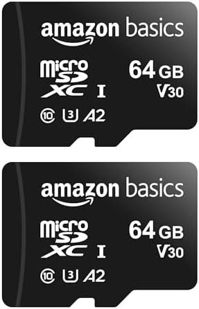 Amazon Basics microSDXC Memory Card with Full Size Adapter, A2, U3, Read Speed up to 100 MB/s, 64GB, Black (2pack) by AmazonBasics