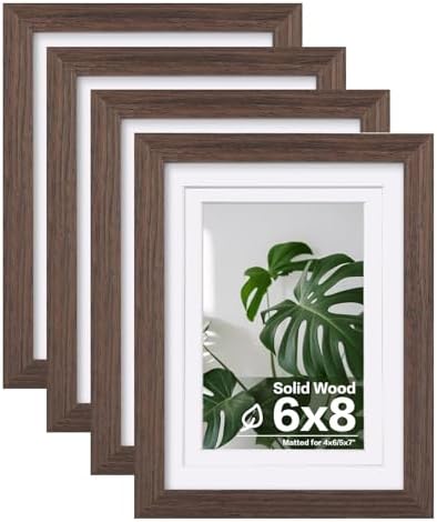 Egofine 6x8 Picture Frames Set of 4, Made of Solid Wood Covered by Plexiglass 4x6 and 5x7 with Mat or 6x8 without Mat, for Table Top Display and Wall Mounting Photo Frame Brown by Egofine