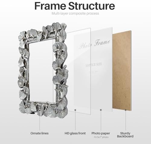 Cuspin 5x7 Silver Picture Frame Vintage Ornate Leaf Textured Photo Frame - Image 7
