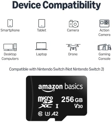 Amazon Basics microSDXC Memory Card with Full Size Adapter, A2, U3, Read Speed up to 100 MB/s, 256GB, Black - Image 3