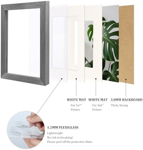 Egofine 6x8 Picture Frames Set of 4, Made of Solid Wood Covered by Plexiglass 4x6 and 5x7 with Mat or 6x8 without Mat, for Table Top Display and Wall Mounting Photo Frame Light Grey - Image 4