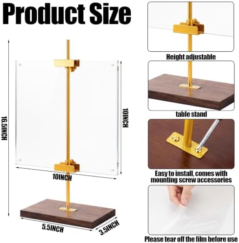 RattanView Adjustable Tabletop Easel Stand with Clear Acrylic Floating Photo Frame Set 16.5" Metal Picture Easel Display Stand for Picture, Art, Photos, Poster, Signs(Gold,Wooden Base) - Image 2