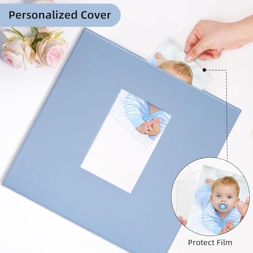 Vienrose Self Adhesive Photo Album Gift Set, Linen Cover Scrapbook with DIY Window, Holds 4x6 5x7 8x10 Photos, 30 Sheets 60 Pages for Family Wedding Baby, Includes Pen, Card, Lace Strap, Blue - Image 4