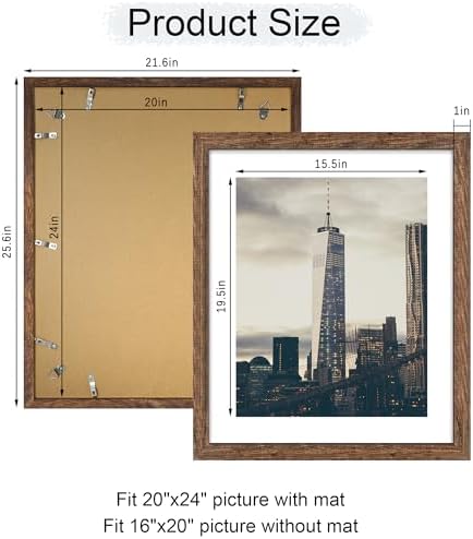20x24 Picture Frame Set of 2, 20 x 24 Wood Poster Frames with Mat for 16x20, Wooden Photo Frames with Tempered Glass Cover for Wall Display, Rustic Brown - Image 4