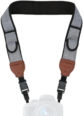 USA Gear TrueSHOT Camera Strap Neoprene Camera Straps - Padded Neck Strap, Pockets, and Release Buckles - Compatible with Canon, Nikon, Sony and More DSLR and Mirrorless Cameras (Grey Woven Pattern) by USAGEAR