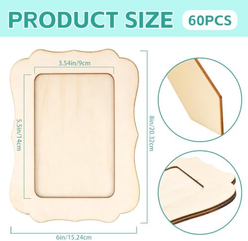 VOKOY 60 Pack Wooden Picture Frames for Crafts, 4" x 6" Photos DIY Wood Frames for Crafting,Unfinished Standing Photo Frames DIY Crafts Wood Decorate for Birthday Gifts, Vintage Shape - Image 2
