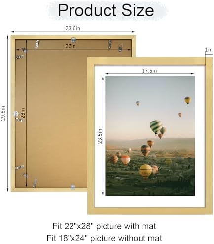 22x28 Picture Frame Set of 2, 22 x 28 Wood Poster Frames with Mat for 18x24, Wooden Photo Frames with Tempered Glass Cover for Wall Display, Gold - Image 4