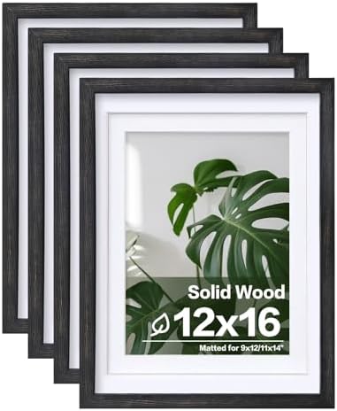 Egofine 12x16 Picture Frames Set of 4, Made of Solid Wood Covered by Plexiglass 9x12 and 11x14 with Mat or 12x16 without Mat, for Wall Mounting Photo Frame, Driftwood Black by Egofine