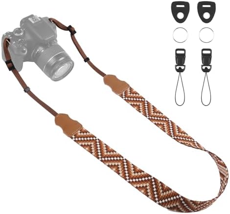 Universal Camera Strap - Camera Neck Strap, Adjustable Shoulder Straps Compatible with Canon, Fujifilm, Nikon, Olympus, Panasonic and other SLR and mirrorless cameras - Brown White Gquares by OIAWH