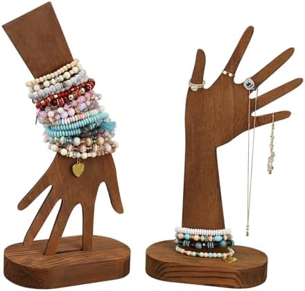 MOOCA 2 Pcs Set Multi-Functional Tabletop or Wall-Mountable Wooden Hand-Shaped Jewelry Display Stand For More Bracelet Storage, Premium Real Wood Sturdy Base, Brown Color by Mooca