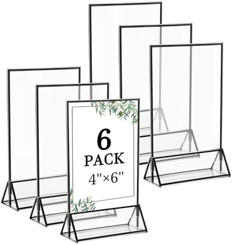 Floroom 6 Pack 4x6 Inch Clear Acrylic Sign Holders, Double-Sided Black Display Stand Picture Frames for Table Numbers, Menus, Flyers, Weddings, and Offices by Floroom