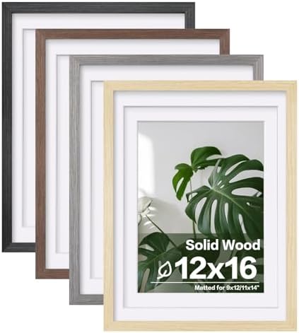 Egofine 12x16 Picture Frame Set of 4, Made of Solid Wood Multicolor Photo Frame Covered by Plexiglass 9x12 and 11x14 with Mat or 12x16 without Mat, for Wall Mounting Mixed Colors by Egofine