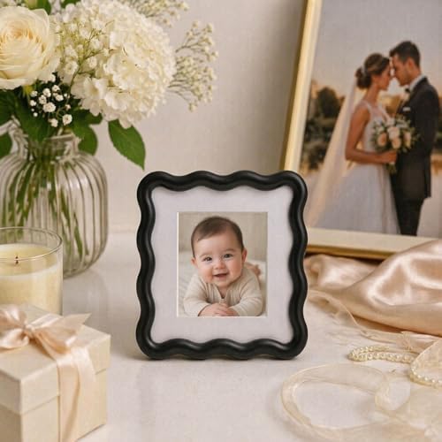 High-End Black 4x4'' Square Zinc Alloy Picture Frames,with Acid Free Mat for 3x3'',Unique Wave Design,with Premuim Soft Velvet & Backing for Tabletop or Home Decor - Image 5