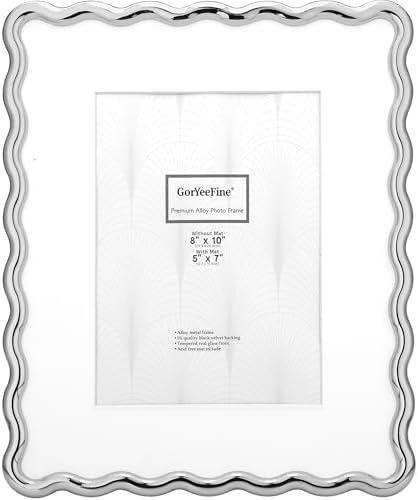 Silver 8x10'' Heavy-Duty Zinc Alloy Photo Frames with Acid Free Mat for 5x7'',Wave Design Silver Picture Frame 8x10'' with Black Velvet Backing,for Desktop and Wall Hanging by GorYeeFine