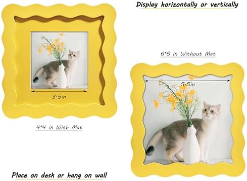6x6 Yellow Picture Frame with Mat for 4x4, Curved Wavy Edge Deco Wooden Real Glass, Vertical or Horizontal Display Photo Gallery Wall & Tabletop Frame - Image 3