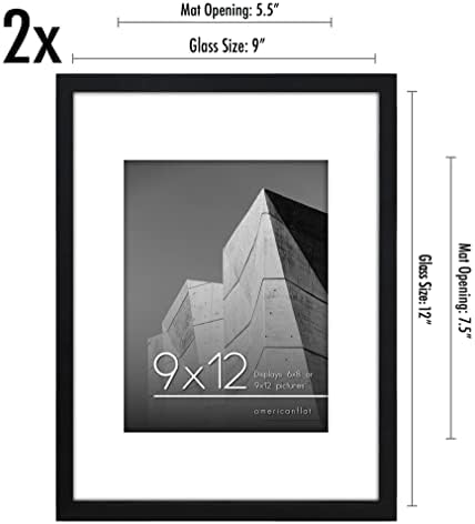 Americanflat 9x12 Picture Frame with Shatter-Resistant Glass - Set of 2 - Use as 6x8 Frame with Mat or Display 9x12 Photo Without Mat - Streamline Collection - Tabletop or Wall Display - Black - Image 2
