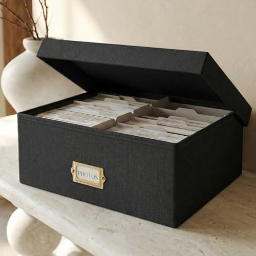 Decorative Photo Storage Box - Sturdy Linen Organizer Holds 1700 Photos by ZICOTO