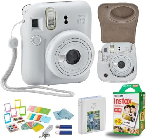 Fujifilm Instant Mini 12 Camera + Accessory Bundle & Custom Case + Fuji Instant (20 Shots) Designer Mini Photo Album (60 Pockets) (Clay White) by FUJIFILM