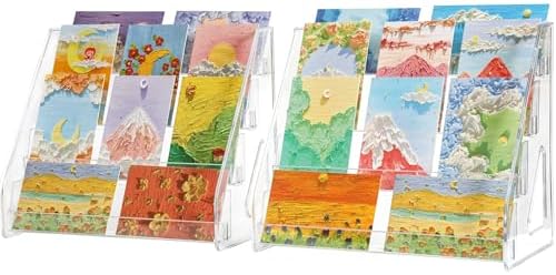 4 Tier Card Stand, 2Pack Clear Card Display for Greeting Cards, Postcards, Stickers,Sports Cards,Trading Card,Tiered display rack,Retail Photos Shelf for Vendors Craft Collection Show (2Pack-4Tier) by Rusnugic