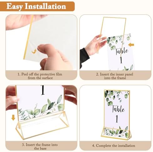 Floroom 2 Pack 5x7 Inch Clear Acrylic Sign Holders, Double-Sided Gold Display Stand Picture Frames for Table Numbers, Menus, Flyers, Weddings, and Offices - Image 3