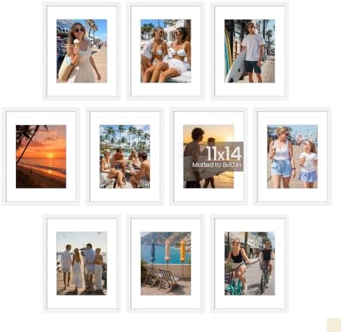 upsimples 11x14 Picture Frame Set of 10, Display Pictures 8x10 with Mat or 11x14 Without, Multi Photo Frames Collage for Wall Display, White by upsimples