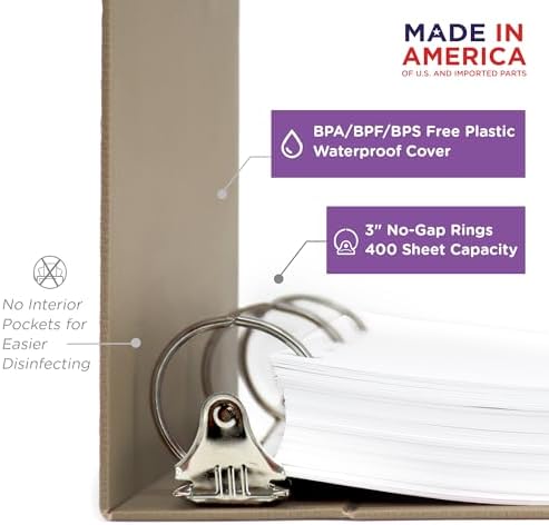 Carstens 3-Inch Heavy Duty 3-Ring Binder - Side Opening, Sand, Durable Plastic, Precision No-Gap Rings, Waterproof Cover, No Pockets, Holds 400 US Letter Sheets, BPA-Free, Made in USA (1713-3R) - Image 2