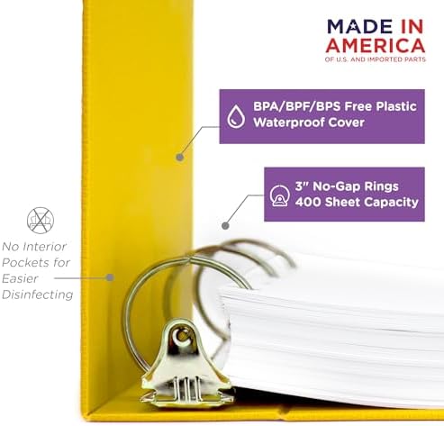 Carstens 3-Inch Heavy Duty 3-Ring Binder - Side Opening, Yellow, Durable Plastic, Precision No-Gap Rings, Waterproof Cover, No Pockets, Holds 400 US Letter Sheets, BPA-Free, Made in USA (1709-3R) - Image 2