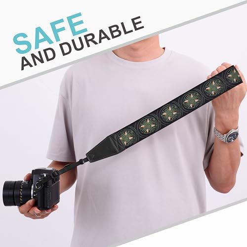 Padwa Lifestyle Green Sun God Camera Strap - 2" Full Grain Leather Ends Camera Straps for Photographers, Vintage Embroidered Cotton Soft Suede Fabric Padded Strap Quick Release fits All Cameras - Image 4