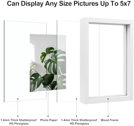 Egofine 5x7 Floating Frames Set of 2, Double Plexiglass Picture Frame, Made of Solid Wood Display Any Size Photo up to 5x7, Wall Mount or Tabletop Standing, White - Image 3