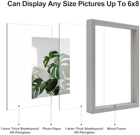 Egofine 6x8 Floating Frames Set of 2, Double Plexiglass Picture Frame, Made of Solid Wood Display Any Size Photo up to 6x8, Wall Mount or Tabletop Standing, Light Grey - Image 3
